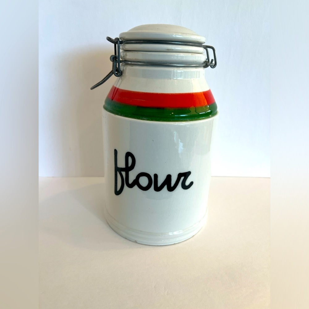 Vintage Baldelli Italy Ceramic Flour Canister Pottery Wire Hinge Lock Top 9.75"